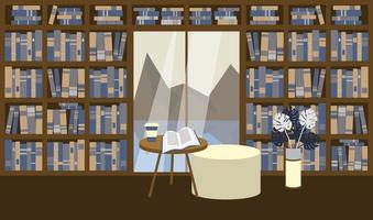 grote bibliotheek thuis of in de boekhandel met groot raam en uitzicht op de bergen. open boek met koffie op een tafel. plek om te lezen op een poef in de buurt van plant monstera. veel boekenplanken met literatuur.