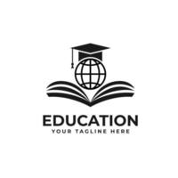 universitair online onderwijsembleemontwerp met afstudeerpetten, wereld, boekenpictogramvector vector