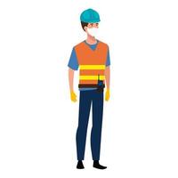 man ingenieur met vest met gezichtsmasker geïsoleerd pictogram vector