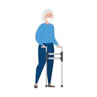 oude vrouw met gezichtsmasker en orthopedische rollator vector