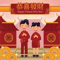 jongen en meisje houden rode zak vast om Chinees nieuwjaar te vieren vector