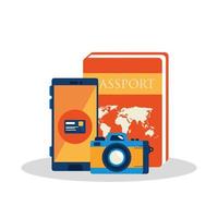 camera met paspoort en smartphone vector