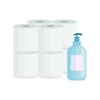 set toiletpapier met antibacteriële fles geïsoleerde pictogrammen vector