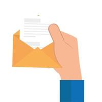 hand met envelop open met papier geïsoleerd pictogram vector