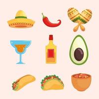 mexicaanse hoed chili maracas cocktail tequila fles avocado burrito taco en kom vector design