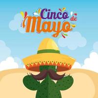 Mexicaanse cactus met hoed en snor van cinco de mayo vectorontwerp vector