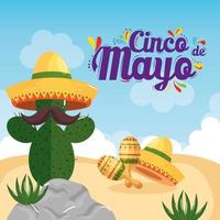 Mexicaanse cactus met hoed en snor van cinco de mayo vectorontwerp vector