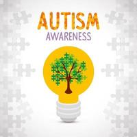 wereld autisme dag met boom van puzzelstukjes in gloeilamp vector