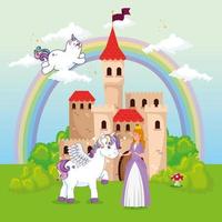 schattige eenhoorns met prinses in fantasielandschap vector