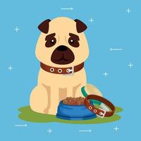 schattige hond met schotel eten en halsband vector