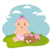 schattig klein babymeisje met teddybeer in landschap vector