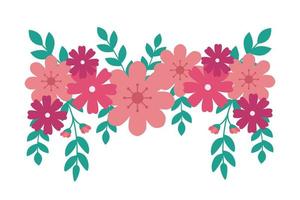 schattige bloemen roze met takken en bladeren decoratie vector