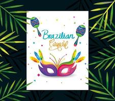 poster van carnaval braziliaans met masker carnaval en maracas vector