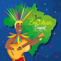 poster van braziliaans carnaval met danser exotisch mannetje en decoratie vector