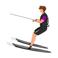 waterskiën platte vectorillustratie. extreme sportervaring. actieve levensstijl. zomerse buitenactiviteiten. sportman balanceren op ski's geïsoleerde stripfiguur op witte achtergrond vector