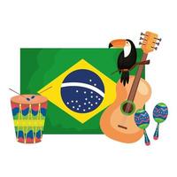 toekan en pictogrammen met vlag brazilië vector