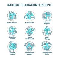 inclusief onderwijs concept pictogrammen instellen. individueel programma. gedeeltelijke en volledige inclusie. gespecialiseerd onderwijsidee dunne lijn RGB-kleurenillustraties. vector geïsoleerde overzichtstekeningen. bewerkbare streek