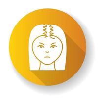 vrouwelijk haar geel plat ontwerp lange schaduw glyph pictogram. vrouw met alopecia. haaruitval probleem. dermatologie en schoonheidsbehandelingen. ongezonde hoofdhuidconditie. silhouet rgb kleurenillustratie vector