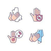 infectie preventie rgb kleur iconen set. vuil en ziektekiemen afvegen. droge handen met een handdoek. bescherming tegen microben. ongewassen handen. geïsoleerde vectorillustraties. verzameling eenvoudige gevulde lijntekeningen vector