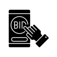 veiling mobiele app zwart glyph-pictogram. smartphone-software. biedingswedstrijd aanvraag. e-commerce. online onderhandelen. silhouet symbool op witte ruimte. vector geïsoleerde illustratie