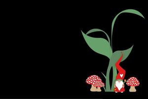 leuke cartoonkabouter met lange rode hoed. banner scandinavische nordic santa claus elf in het bos, vector geïsoleerd op zwarte achtergrond. kerstelementen voor ontwerp, uitnodigingen, kaarten, kinderspeelgoed