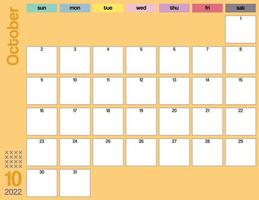 oktober kleurrijke 2022 maandelijkse kalenderplanner afdrukbaar vector
