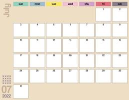 juli kleurrijke 2022 maandelijkse kalenderplanner afdrukbaar vector