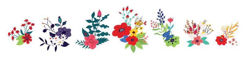 illustraties van boeketten bloemen. vector. knoppen en stengels, floristiek. samenstelling van planten en herbarium. cartoon-stijl. het beeld van zomer en lente. patroon voor kleding. vector