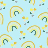 schattige boho regenboog en harten doodle naadloos patroon in trending kleur 2021. handgetekende minimalisme eenvoudig. behang, textiel, inpakpapier, decor. grijs, goud, geel, groen, blauw. baby vector
