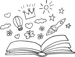 kinderen boeken dag sjabloon kaart, poster, flyer, banner. open boek, raket, ballon, kroon, hart, zon, sterren. fantasie, sprookje verbeelding schets hand getrokken doodle stijl minimalisme monochroom vector