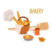 illustratie van bakkerijproducten. rieten mand vol met vers brood en croissants, koksmuts, schattige theemok, houten schop op witte achtergrond. vector