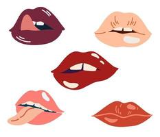 vrouwen lippen set. trendy lippenstift kleuren make-up. meisje mondt verschillende emoties uit. handgetekende set voor beauty prints, mode. vrouwelijk. vectorillustratie. vector