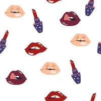 vrouwen lippen en lippenstift naadloos patroon. lippenstift, lippen, mond en mode. schoonheid. Valentijnsdag, bruiloft achtergrond. behang, textiel, inpakpapier. hand tekenen vectorillustratie. vector