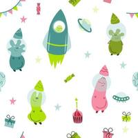 vector naadloze patroon voor kinderen op een ruimtethema. aliens, raket, cupcake, ballonnen enzovoort.