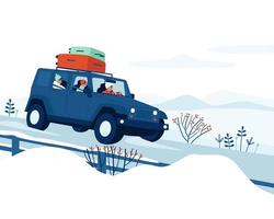 het gezin rijdt in de winter auto op vakantie vector