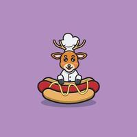 schattige baby herten chef-kok karakter met hotdog. karakter, mascotte, icoon en schattig ontwerp. vector