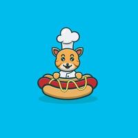 schattige baby tijger chef-kok op hotdog. karakter, mascotte, icoon en schattig ontwerp. vector