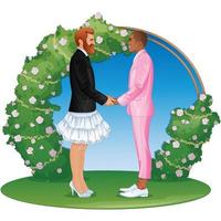 homopaar dat geloften zegt in een romantische huwelijksceremonie in de buitenlucht voor een boogaltaar. vector illustratie