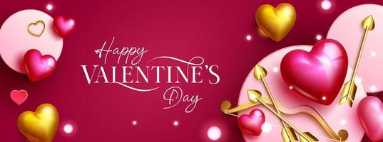 Valentijnsdag groet vector achtergrondontwerp. happy Valentijnsdag tekst met harten, pijl en boog valentijn elementen voor romantische viering banner decoratie. vectorillustratie.