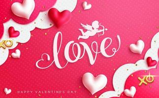 Valentijnsdag ring cadeau vector ontwerp. gelukkige Valentijnsdag tekst met gouden paar ringen aanwezig op witte achtergrond voor harten dag uitnodiging en romantisch voorstel. vectorillustratie.