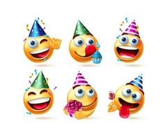 emoji verjaardag vector set. emoticon emoji's in feestmutsen met cadeau-, cupcake- en confetti-vieringselementen voor verjaardagsdag gelukkig en grappig tekencollectieontwerp. vector illustratie