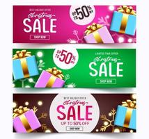 kerst verkoop vector banner set. kerstuitverkoop vakantieaanbieding tekstprijskorting voor seizoensgebonden kerstcadeaus winkelen en feestpromo-advertenties. vectorillustratie.