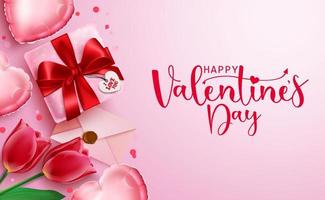 Valentijnsdag vector achtergrondontwerp. happy Valentijnsdag tekst met romantische elementen zoals gouden ballon, geschenken en harten voor Valentijn viering wenskaart. vectorillustratie.