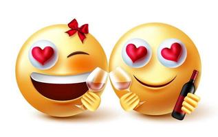 emoji liefhebbers valentijn vector conceptontwerp. emojis 3d verliefde emoticon karakters met wijn en flessen elementen voor emoticons minnaar romantische valentijnsdag viering. vectorillustratie.