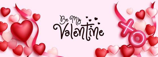 Valentijnsdag groet vector achtergrondontwerp. gelukkige valentijnsdagtekst met decoratie-elementen van harten, ballon en lasso voor schattige romantische feestberichten. vectorillustratie.