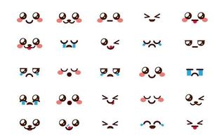 kawaii emoticon chibi vector set. emoji cartoon emoticons gezicht in gezichtsreacties en uitdrukkingen geïsoleerd op een witte achtergrond voor schattige komische doodle chibis character design. vectorillustratie.