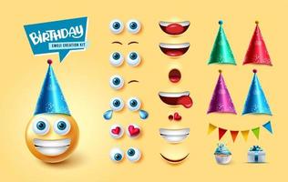 verjaardag emojis kit maker vector set. emoji 3D-verjaardagspersonage met bewerkbare gezichtsdelen en elementen zoals feestmutsen, wimpels en cadeau voor een schattig gezichtsreactiecollectieontwerp.