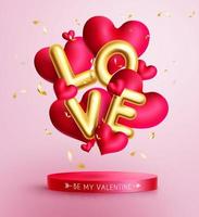 Valentijnsdag vector achtergrondontwerp. happy Valentijnsdag typografie tekst met cupido's pijl en boog in roze ruimte en harten element voor Valentijn viering groet. vectorillustratie.