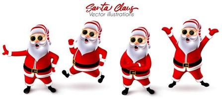 santa claus kerst vector tekenset. 3D-personages van de kerstman met zonnebril in rennen, springen, vrolijke en vrolijke pose en gebaren voor kerstontwerp. vectorillustratie.