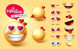 emoji valentijn schepper vector set. emojis 3D-personages met gezichtsdelen zoals harten ogen en mond bewerkbaar voor Valentijnsdag emoticon gezichtsuitdrukking creatie kit ontwerp. vectorillustratie.